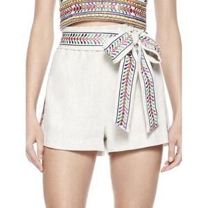 Alice + Olivia Linn Paperbag Shorts Women XL Natural Multi Embroidered Linen NWT